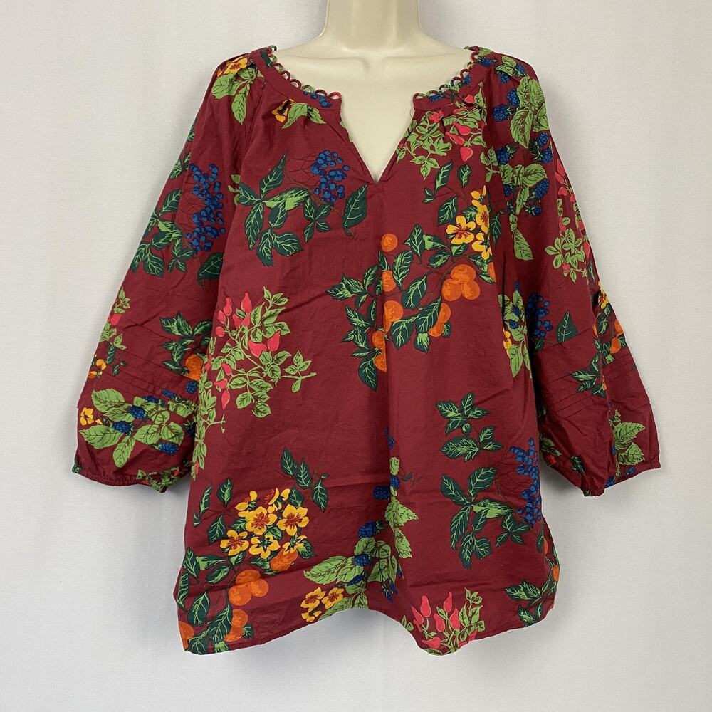 Talbots Tunic Top 2X Burgundy Bold Botanical Floral Balloon Sleeve Cotton Garden